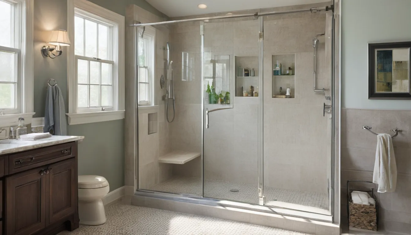A low-step walk-in shower with a built-in seat and grab bar in a bright La Plata home